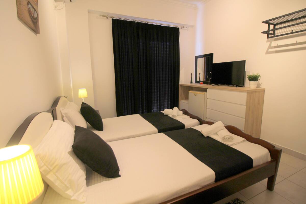 A hotel room with two single beds, a desk with a TV, a lamp, and a small plant.