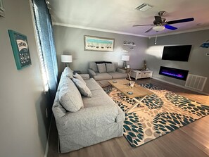 Smart TV, fireplace, video library