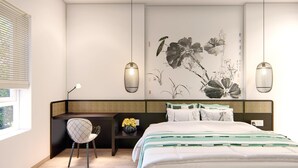 A bedroom with a bed, a desk, a chair, and a wall with a floral mural. - Teamo Hotel (Hai Phong)
