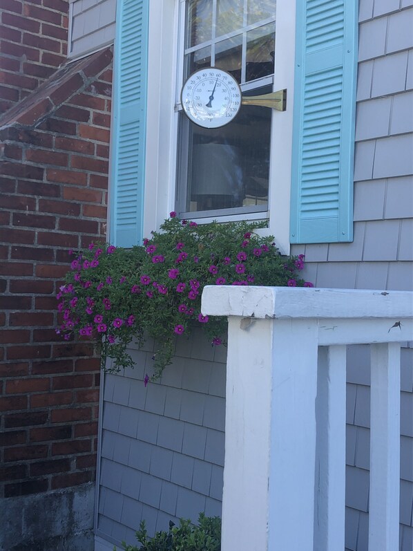 A window with a thermometer, a brick wall, and a planter with purple flowers.