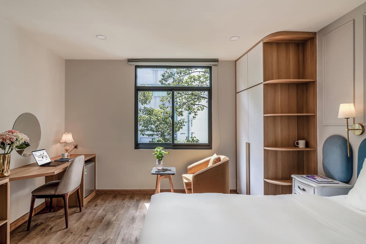 1 bedroom, desk, laptop workspace, iron/ironing board
