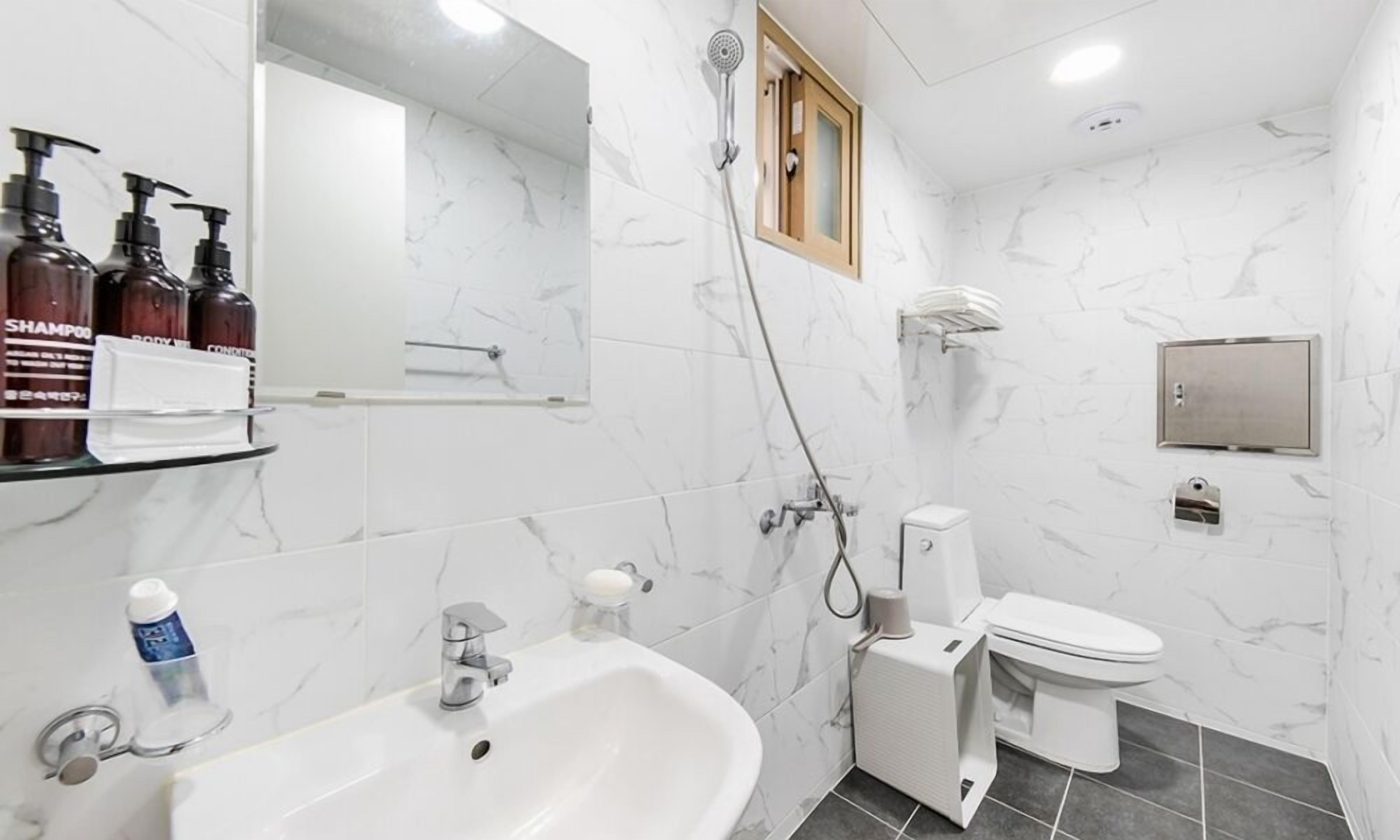 Kamer (Large Studio) | Badkamer | Een douche, gratis toiletartikelen, een haardroger, badjassen