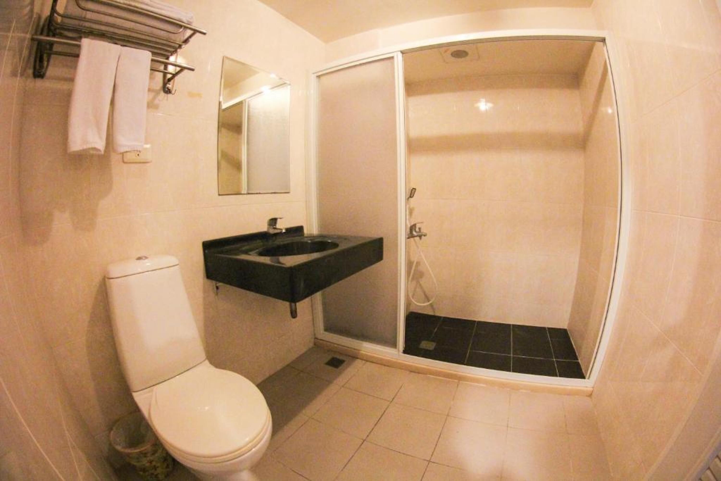 A bathroom with a toilet, sink, and shower.