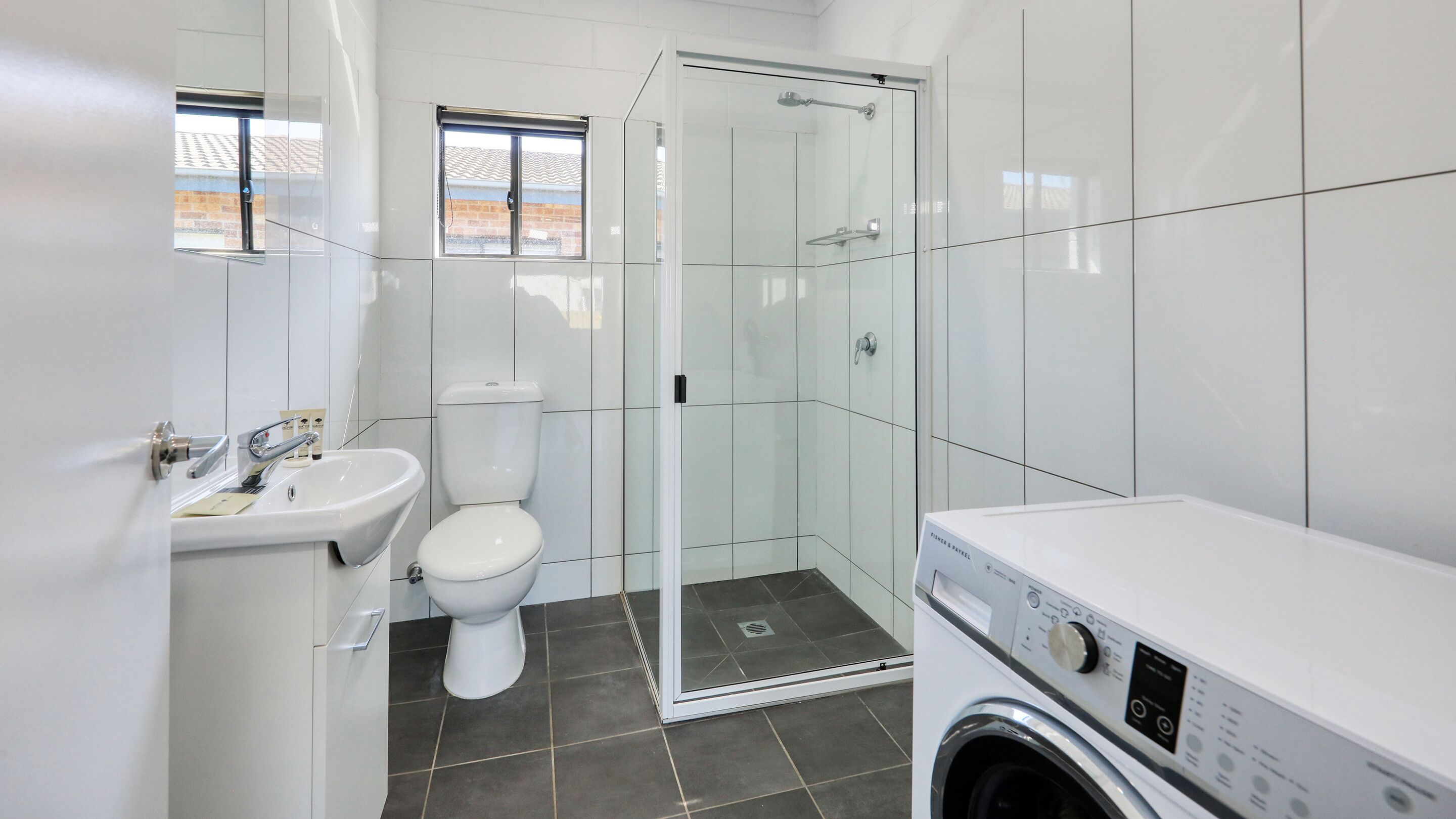 Shower, free toiletries, towels, soap