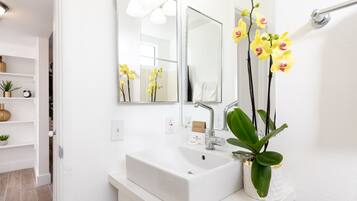 Combined shower/tub, hair dryer, towels, soap