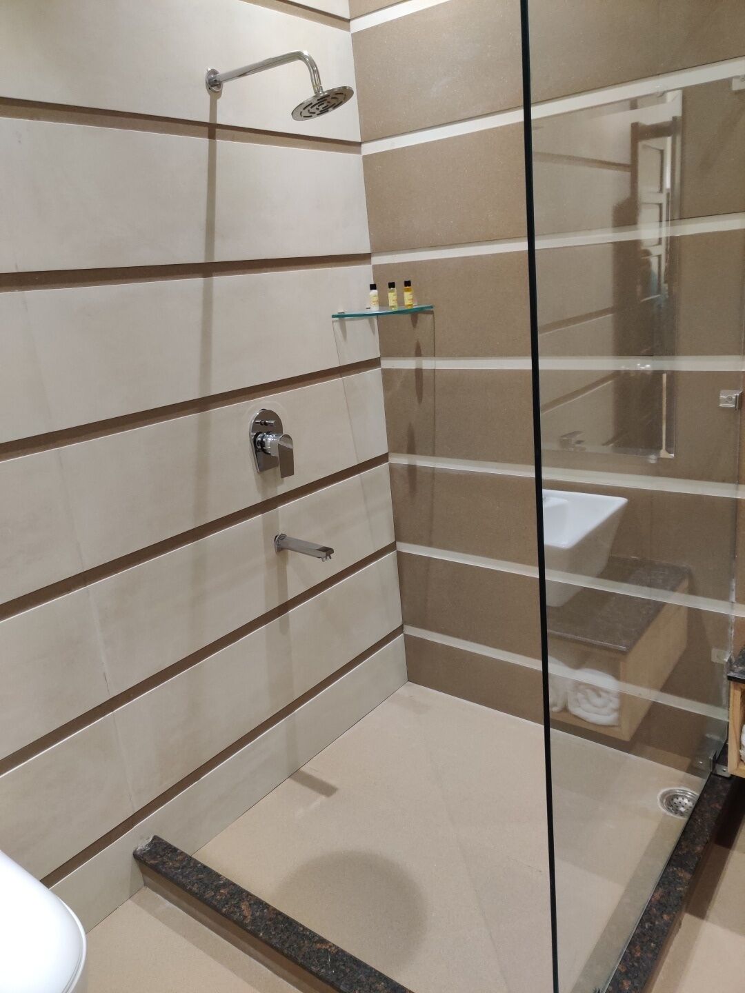 A modern bathroom with a glass shower enclosure, a toilet, and a sink.