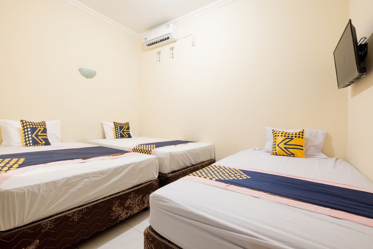 A hotel room with two beds, each with a patterned bedspread and matching pillows. There is a flat-screen TV mounted on the wall and an air conditioning unit above the beds.