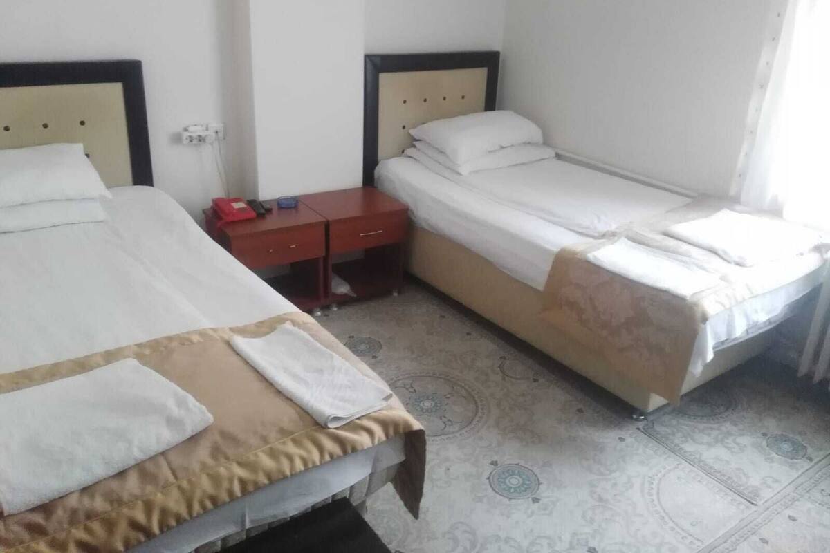 A hotel room with two single beds, a small wooden nightstand, a red telephone, and a patterned floor.