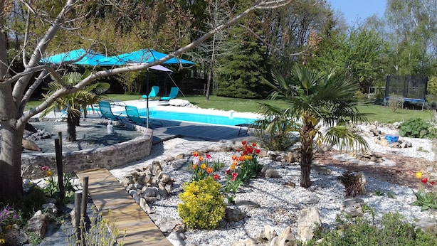 Ein Poolbereich mit Steinrand, umgeben von einem Garten mit verschiedenen Pflanzen und einer Palme.