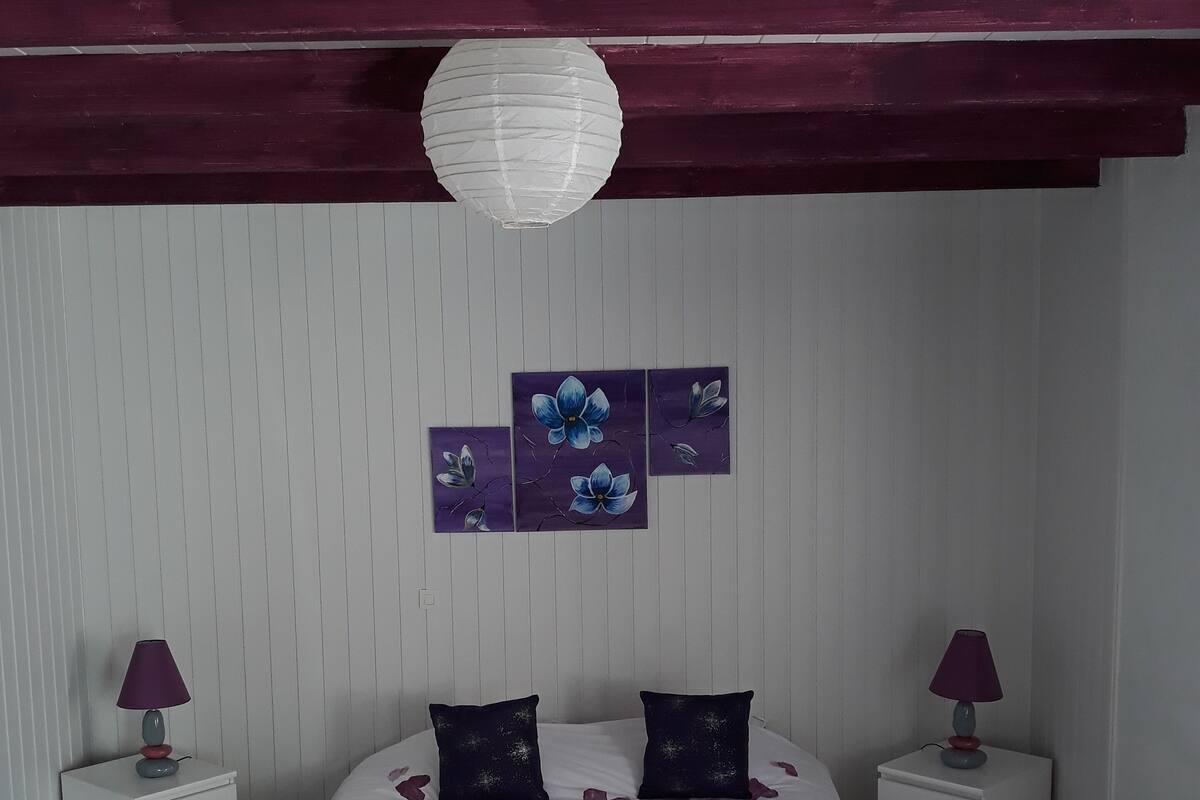 A bedroom with a bed, two nightstands, a ceiling light, and wall art.