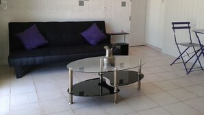 Ein modernes Wohnzimmer mit einem schwarzen Sofa, zwei violetten Kissen, einem Glastisch und einem kleinen schwarzen Beistelltisch mit einer Karaffe.