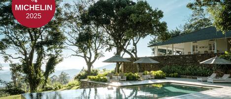 Outdoor pool, pool umbrellas, pool loungers