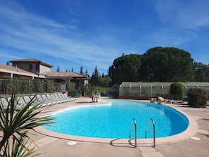 Una piscina con agua cristalina azul, rodeada de sillas de descanso y una estructura tipo invernadero.