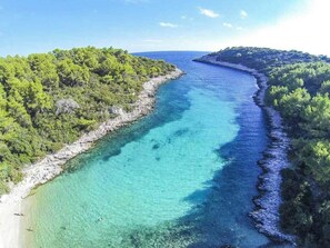A coastal landscape with a clear turquoise sea, rocky shoreline, and dense green vegetation. - Villa Teuta (Korcula)