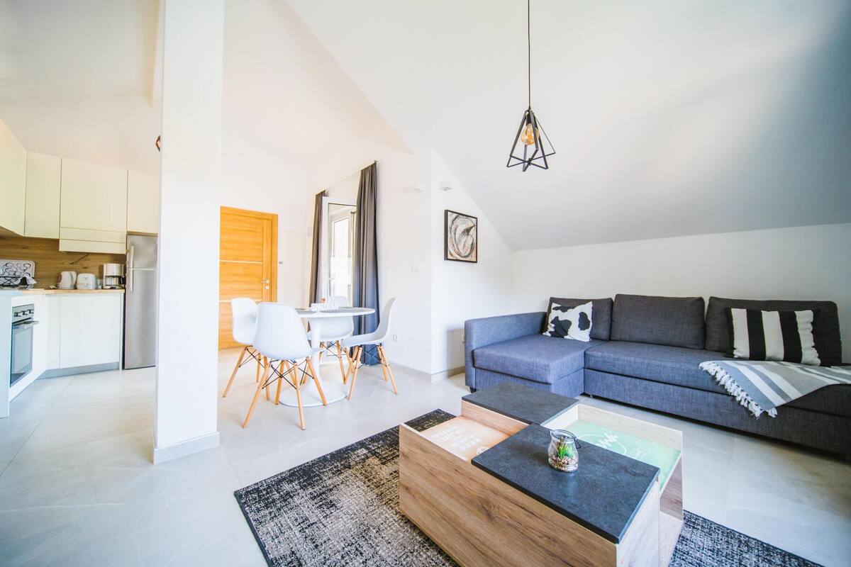 A modern apartment with a kitchen, dining area, and living room.