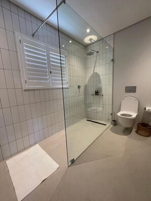A modern bathroom with a glass shower enclosure, a toilet, and a sink. - Dieu Donné Vineyard Self-Catering Cottages (Franschhoek)