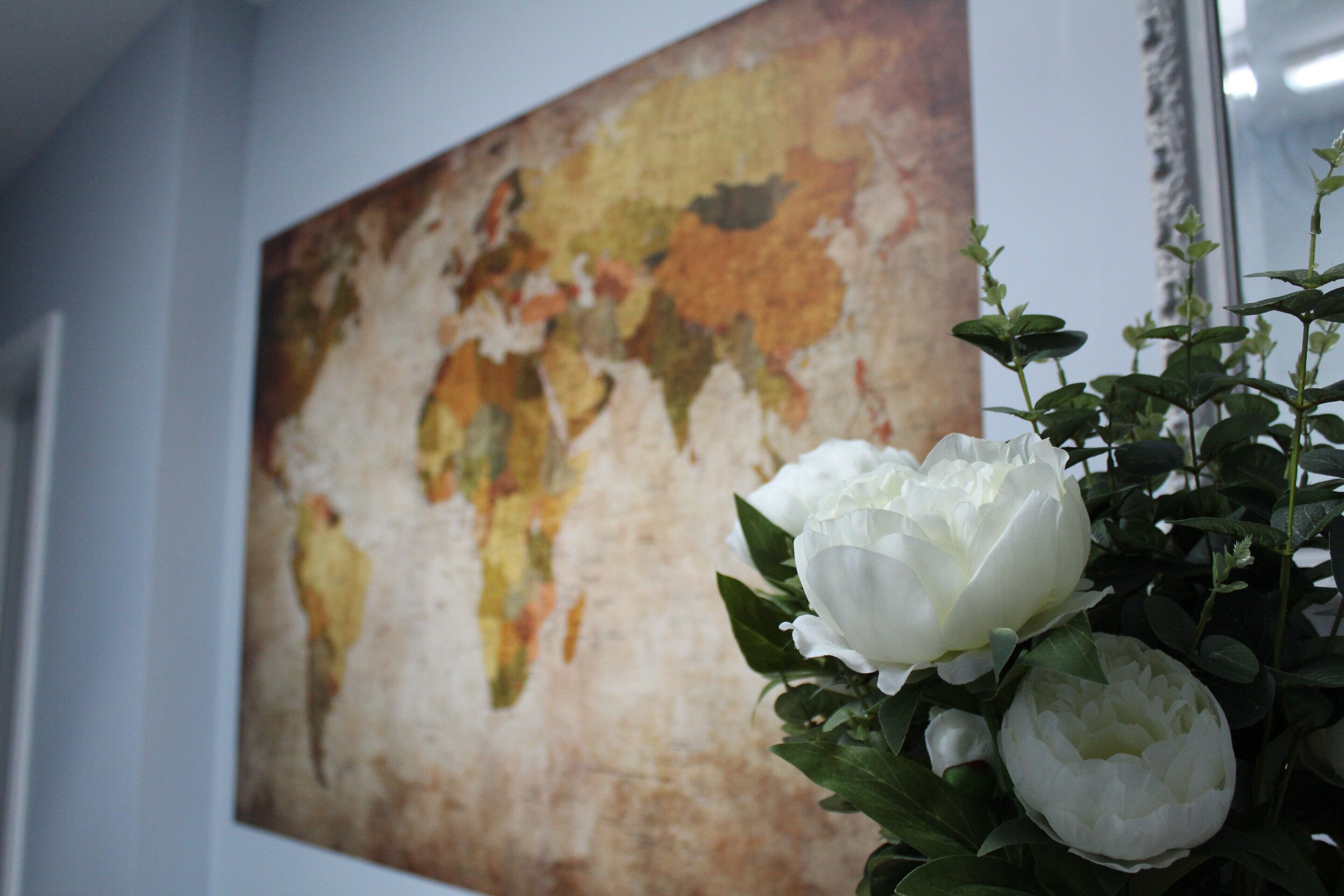 A room with a large world map on the wall and a white flower arrangement.