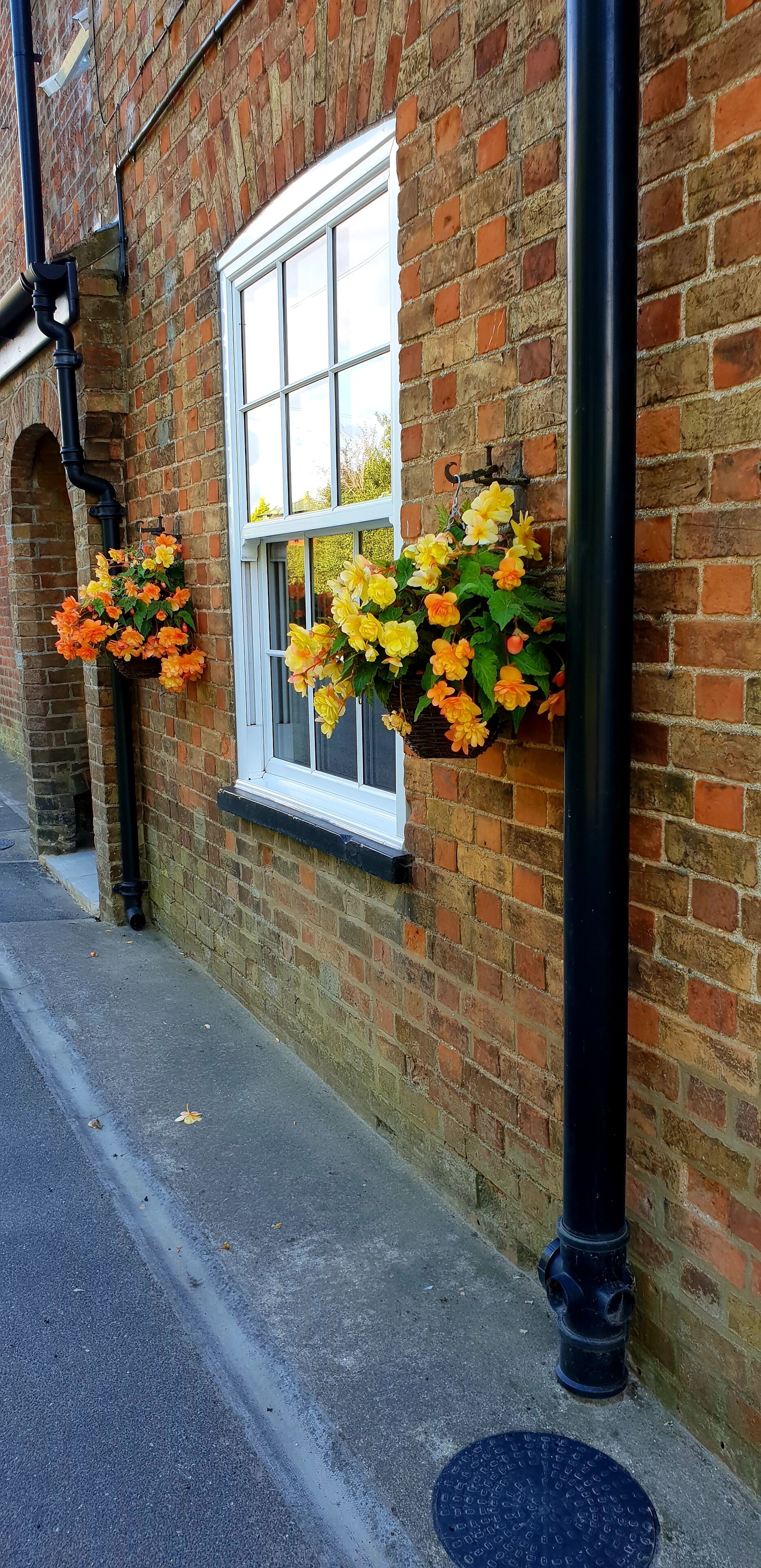 A brick building with a white window, two flower baskets on the wall, and a black pole.