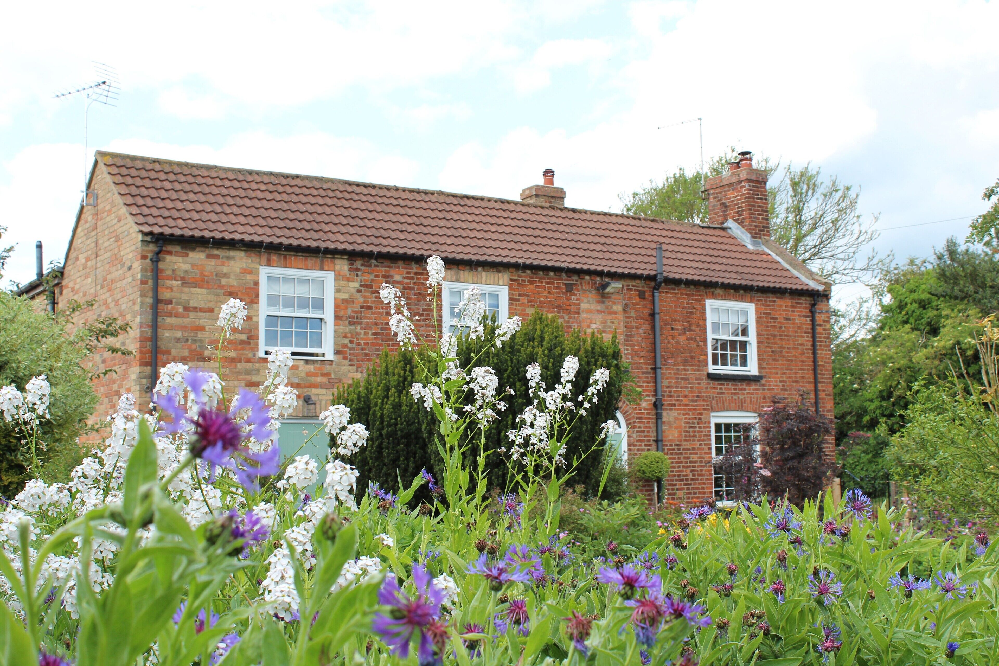 A brick house with a tiled roof, surrounded by a garden with various flowers.