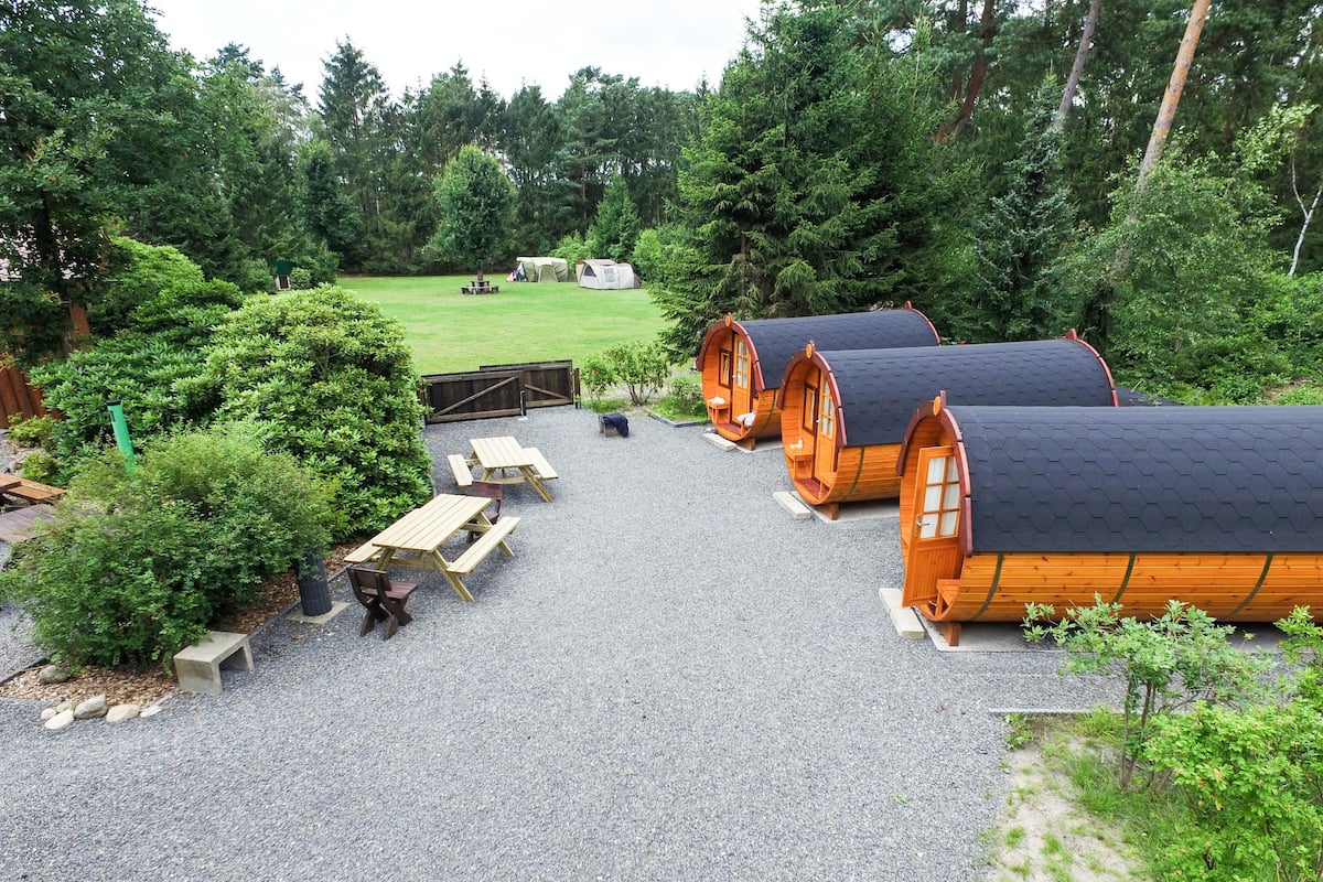 A campsite with wooden cabins, picnic tables, and a grassy field.