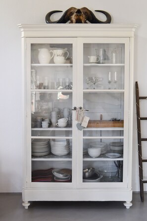 Fridge, stovetop, toaster, cookware/dishes/utensils