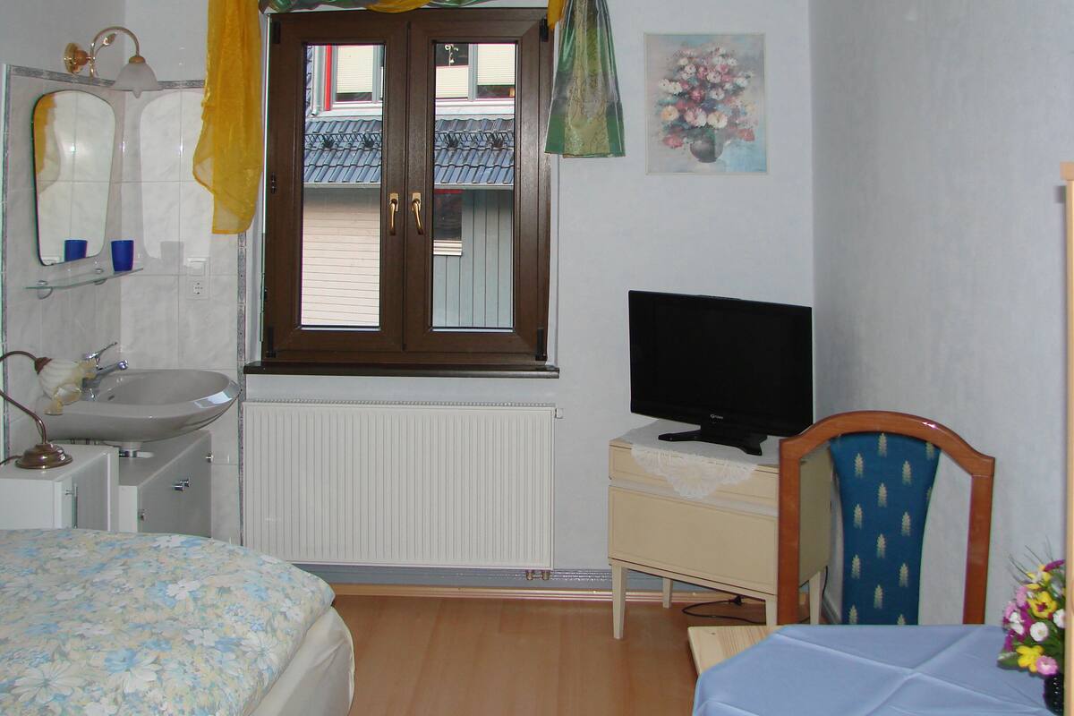 A bedroom with a bed, a bedside table with a TV, a window with curtains, a mirror, and a radiator.