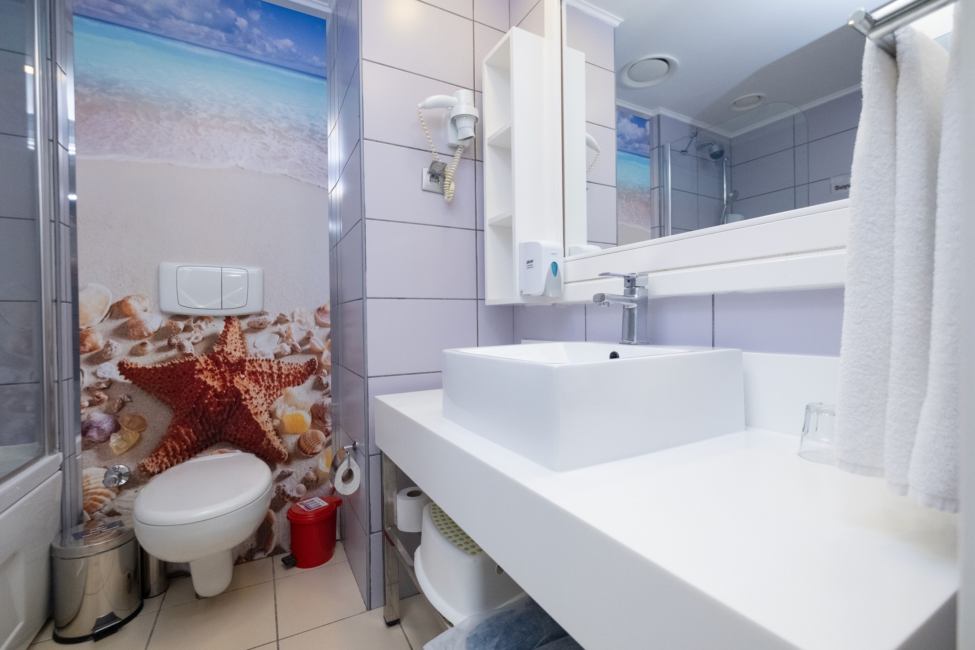 A bathroom with a sea-themed wall, a white sink, a mirror, and a toilet.