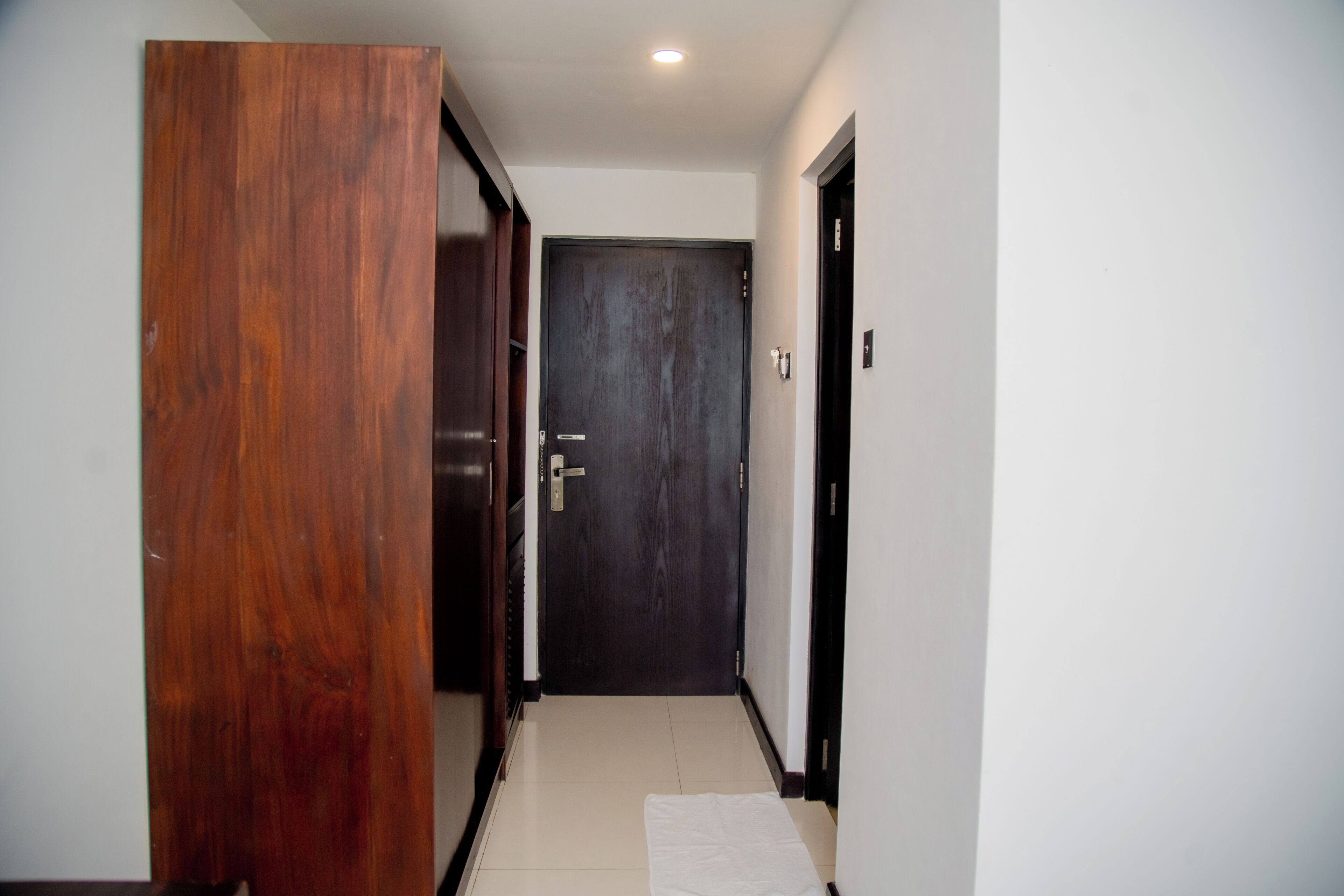 Um corredor com uma porta de madeira, uma porta escura e um tapete branco no chão.
