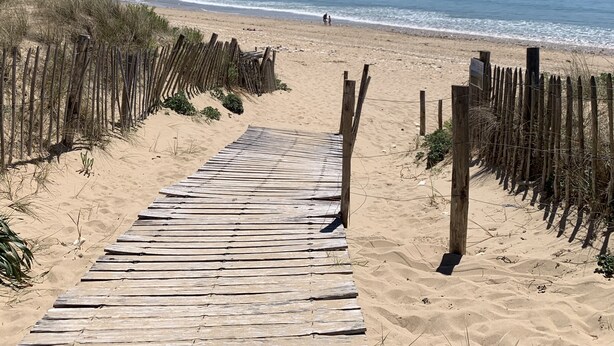 A wooden boardwalk leading to a sandy beach with a clear view of the ocean. - Maison d'Hotes les Petites Terres (Sainte-Marie-de-Re)