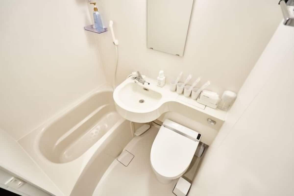 Combined shower/bathtub, hair dryer, slippers, towels