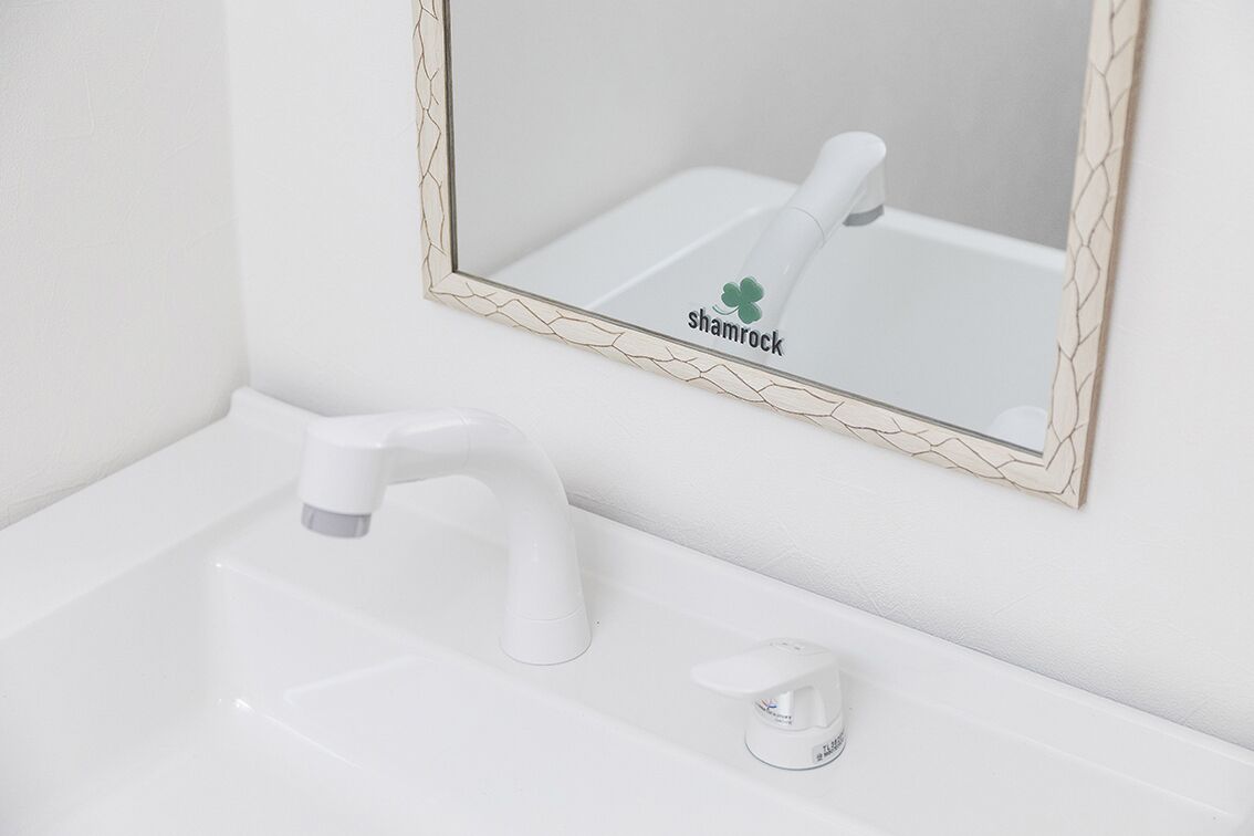 Un lavamanos blanco con un grifo moderno y un espejo con un marco decorativo.