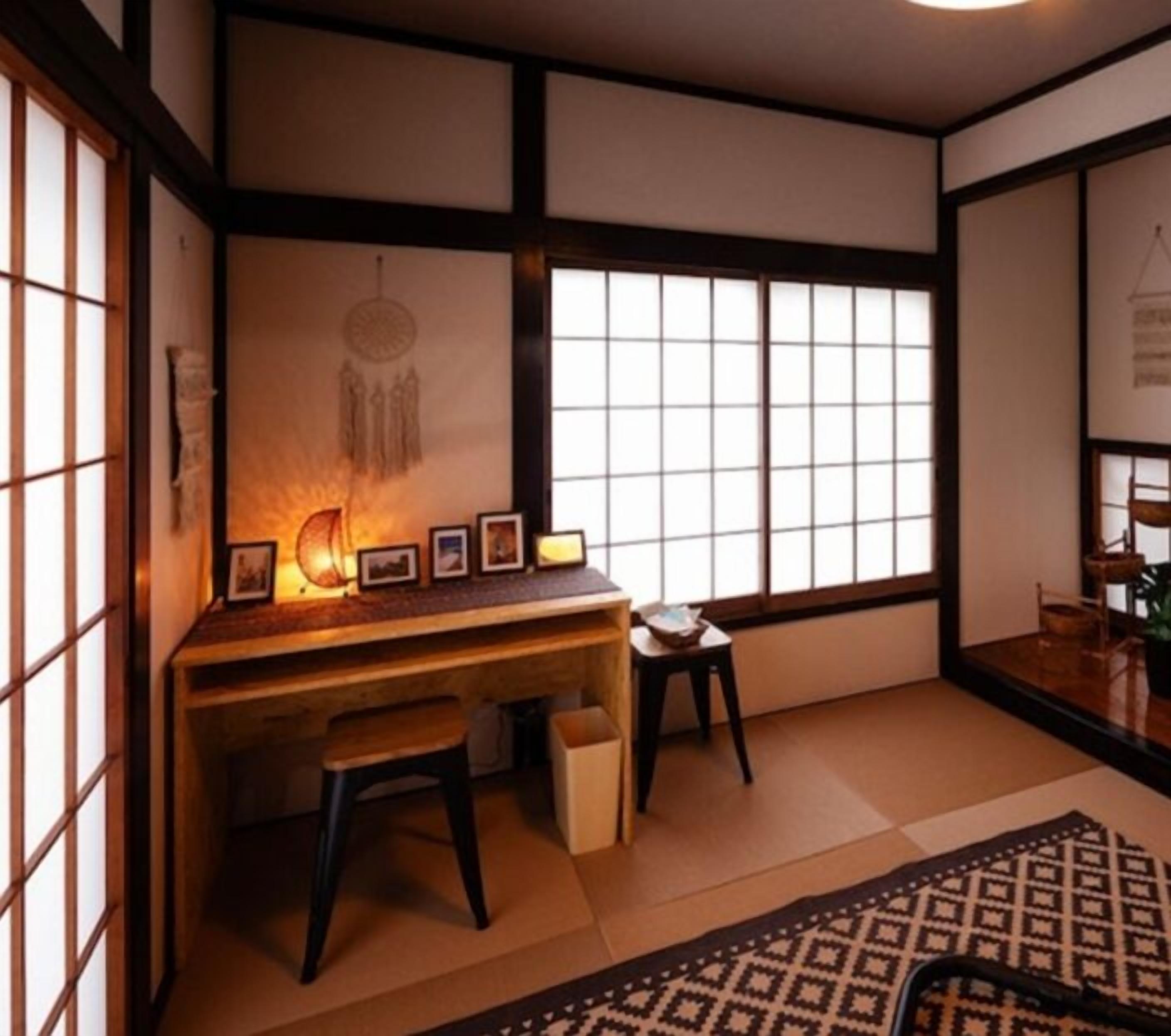 A traditional Japanese room with tatami flooring, a low wooden desk, and a shoji screen door.