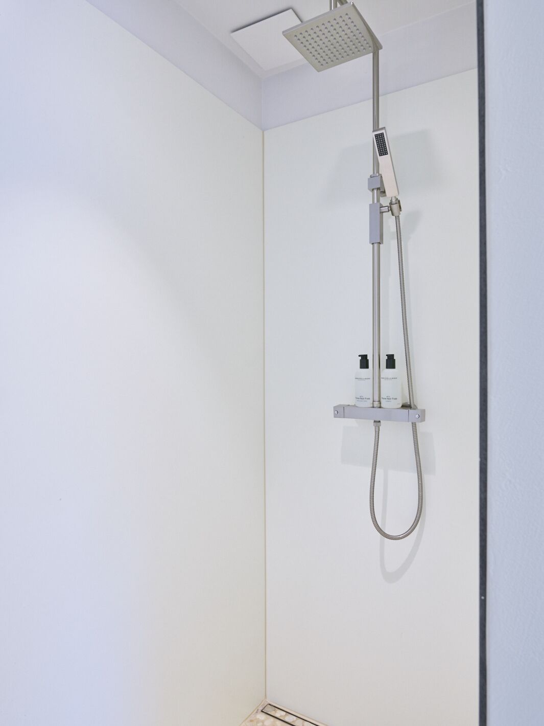Une douche équipée d’un pommeau de douche à main et d’un pommeau de douche fixe au plafond.
