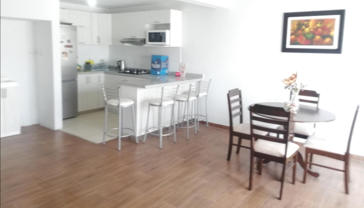 Geladeira grande, micro-ondas, cooktop, liquidificador