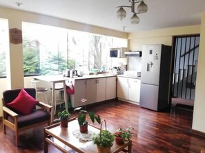 Full-size fridge, microwave, stovetop, blender