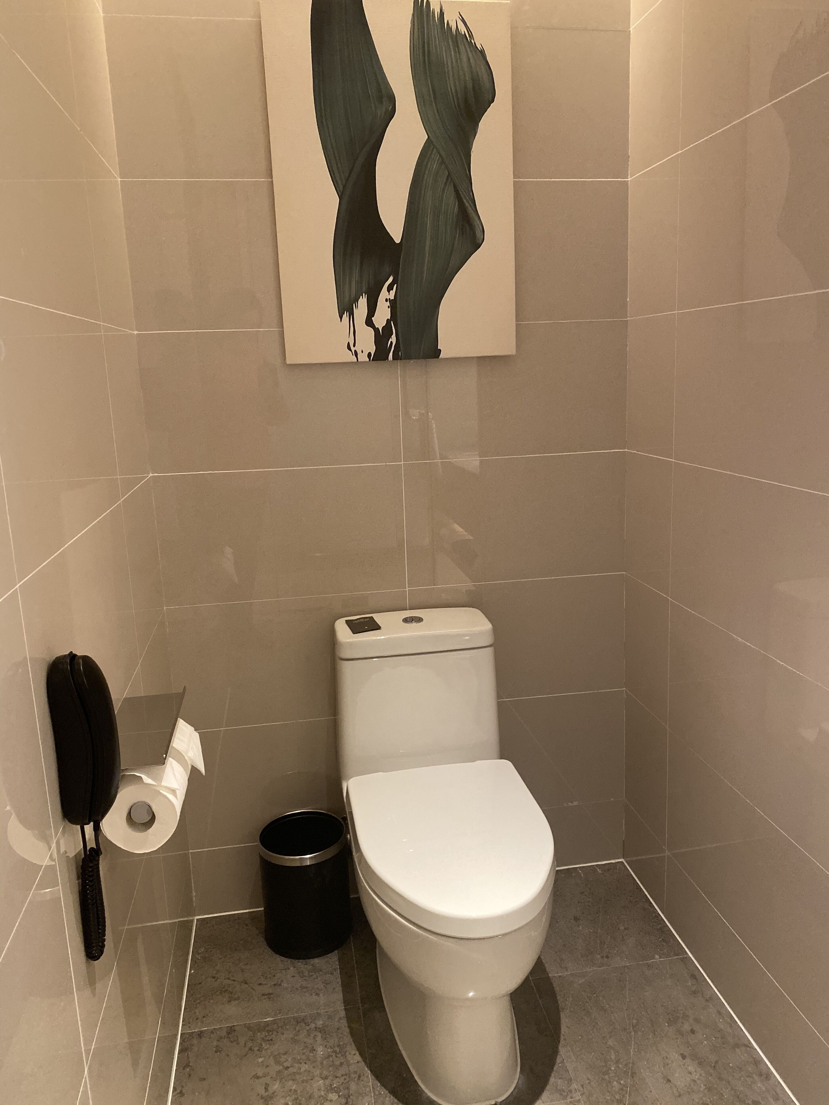 A small bathroom with a toilet, a trash can, a toilet paper holder, and a painting on the wall.