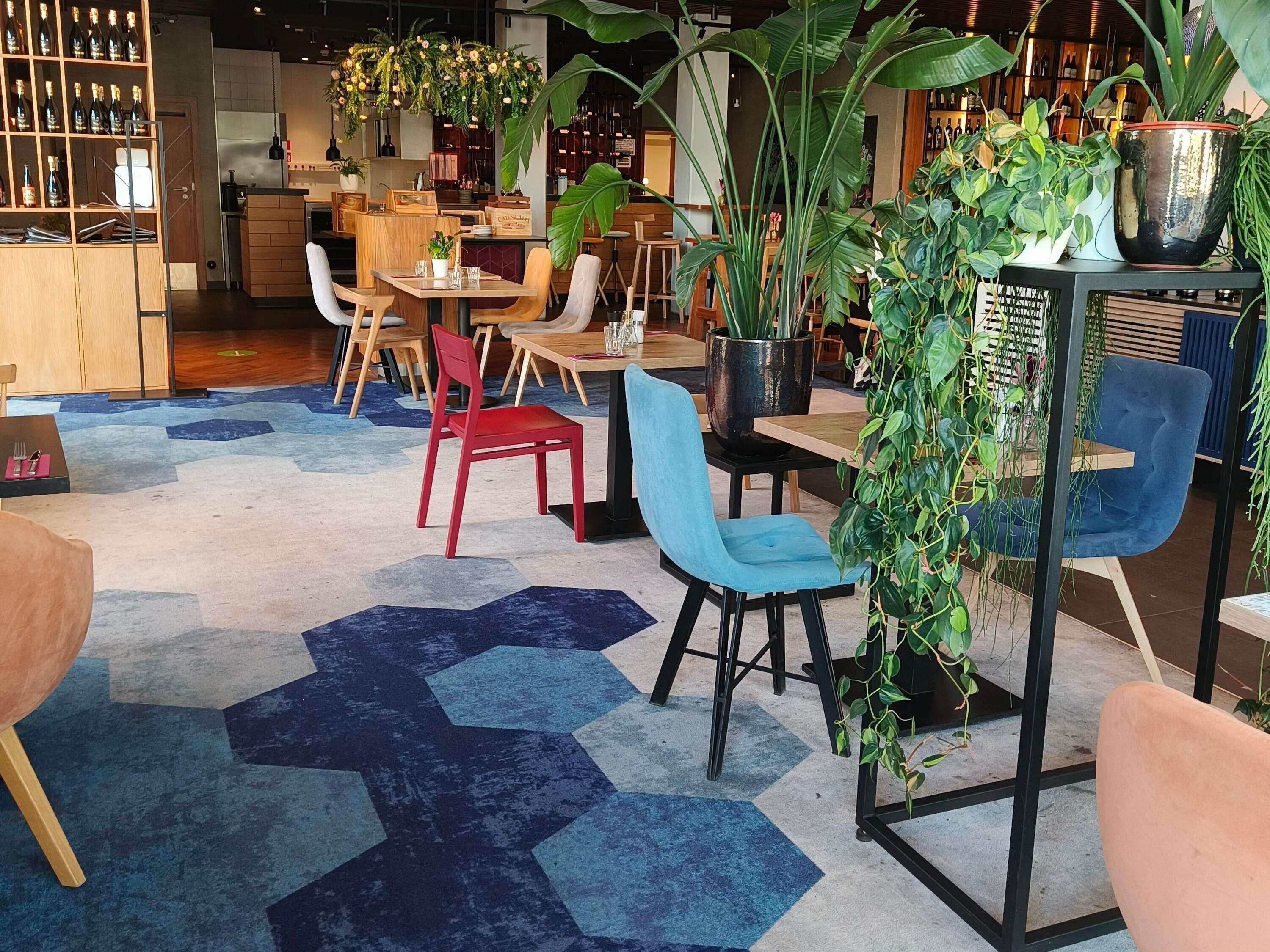 Un interior de restaurante moderno con alfombra de patrón hexagonal, mesas y sillas de madera, incluyendo una silla roja y una silla azul.