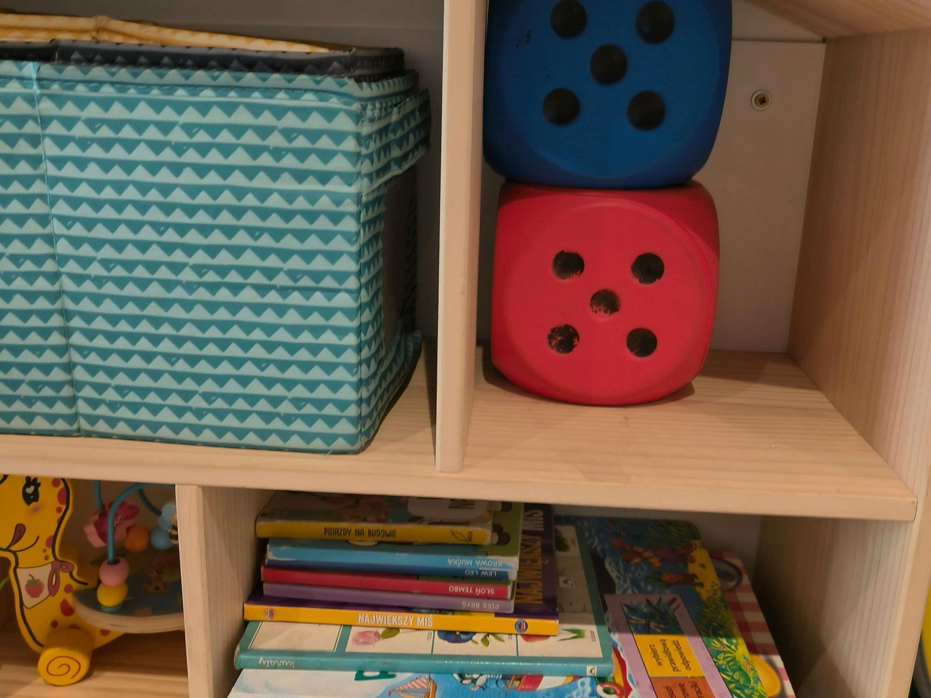 A shelf with a blue patterned storage box, a red container with holes, and a stack of books.