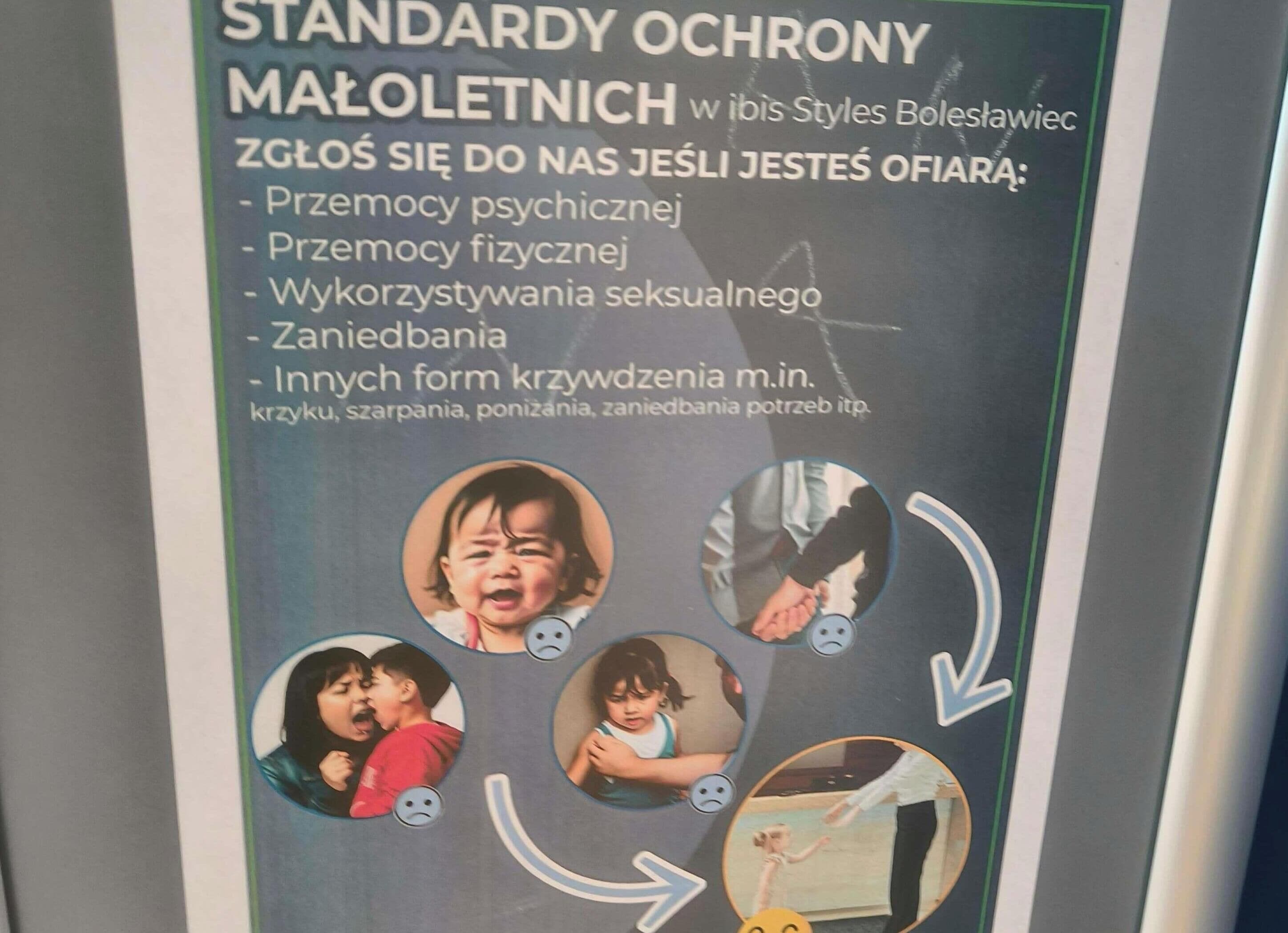 A poster with text and images of children, some with sad faces, and arrows connecting the images.