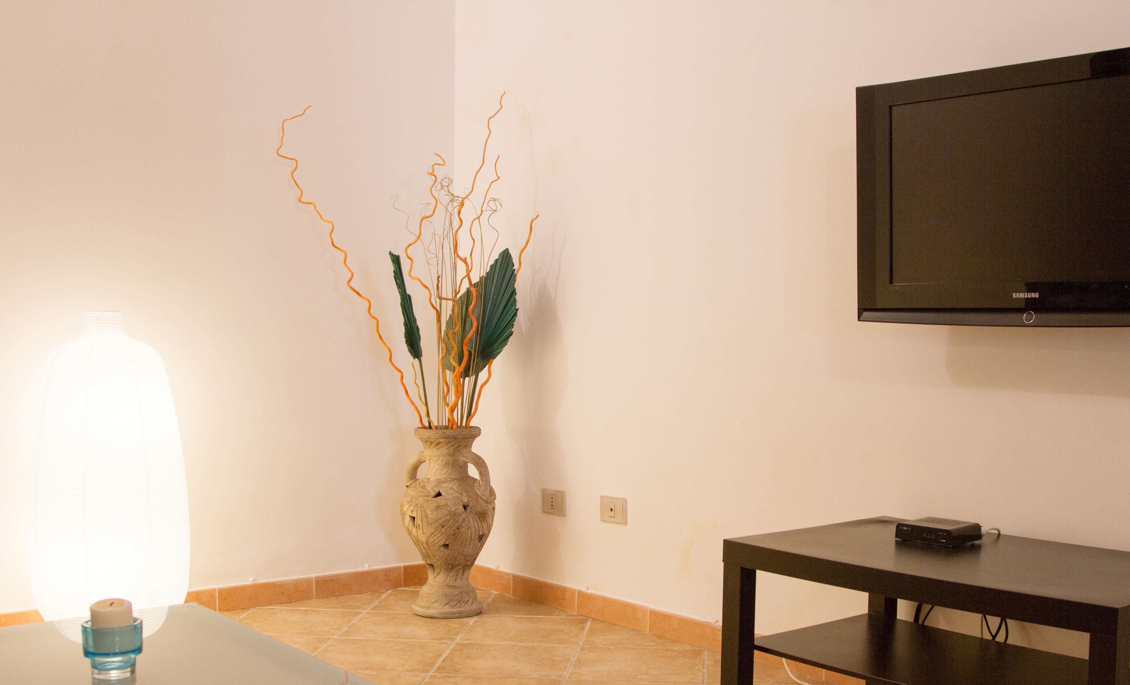 A room with a tiled floor, a vase with decorative branches, a small blue object on a table, and a television mounted on the wall.