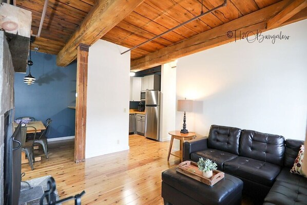 Smart TV, fireplace, books