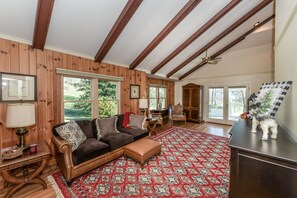 Smart TV, caminetto, libri