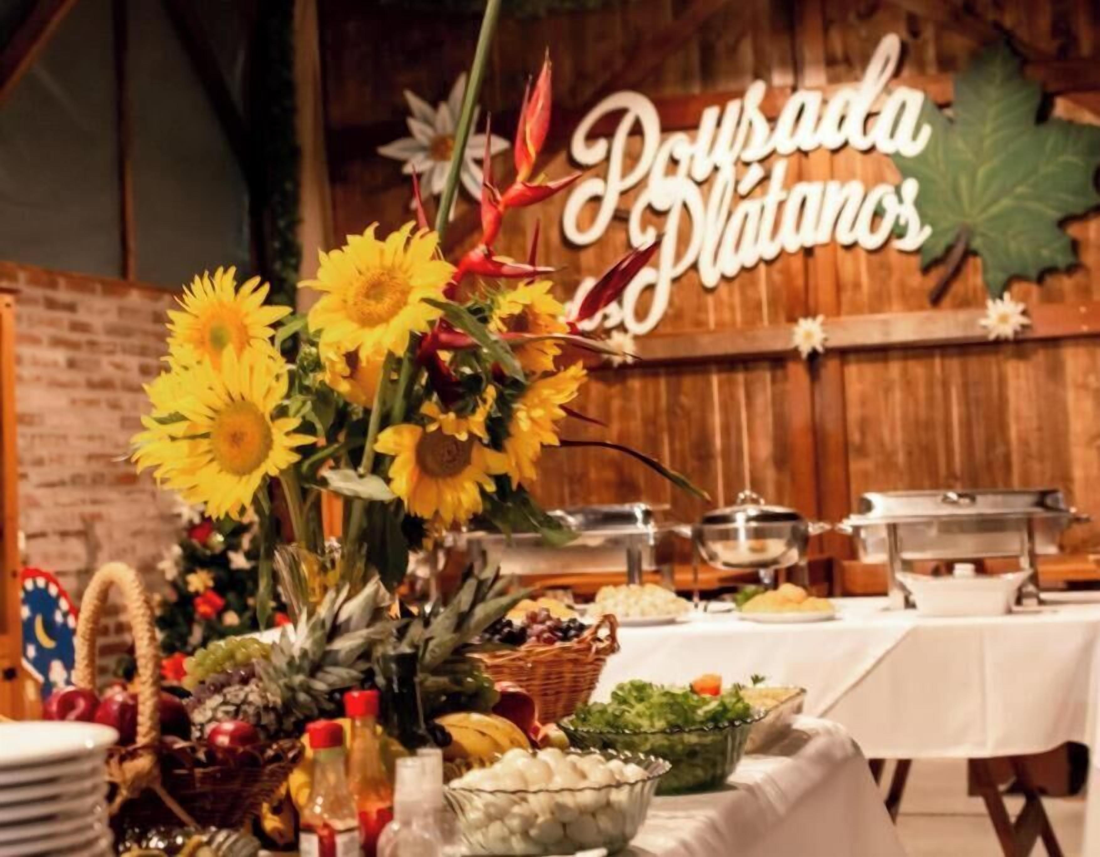 Uma mesa de buffet com diversos tipos de comida e um arranjo decorativo de girassóis.