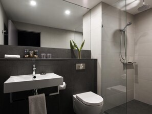 Shower, eco-friendly toiletries, hair dryer, towels