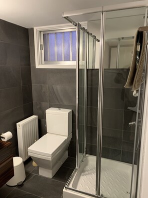 Combined shower/tub, hair dryer, towels