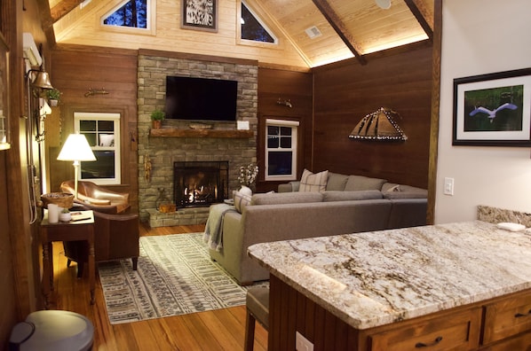 Televisio, takka, musiikkikirjasto, stereot