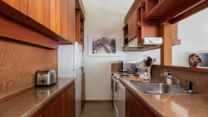 A compact kitchen with wooden cabinets, a toaster, a microwave, a sink, and a dish rack. - Outpost: Huckleberry 3124 -Wood burning fireplace! (Wilson)