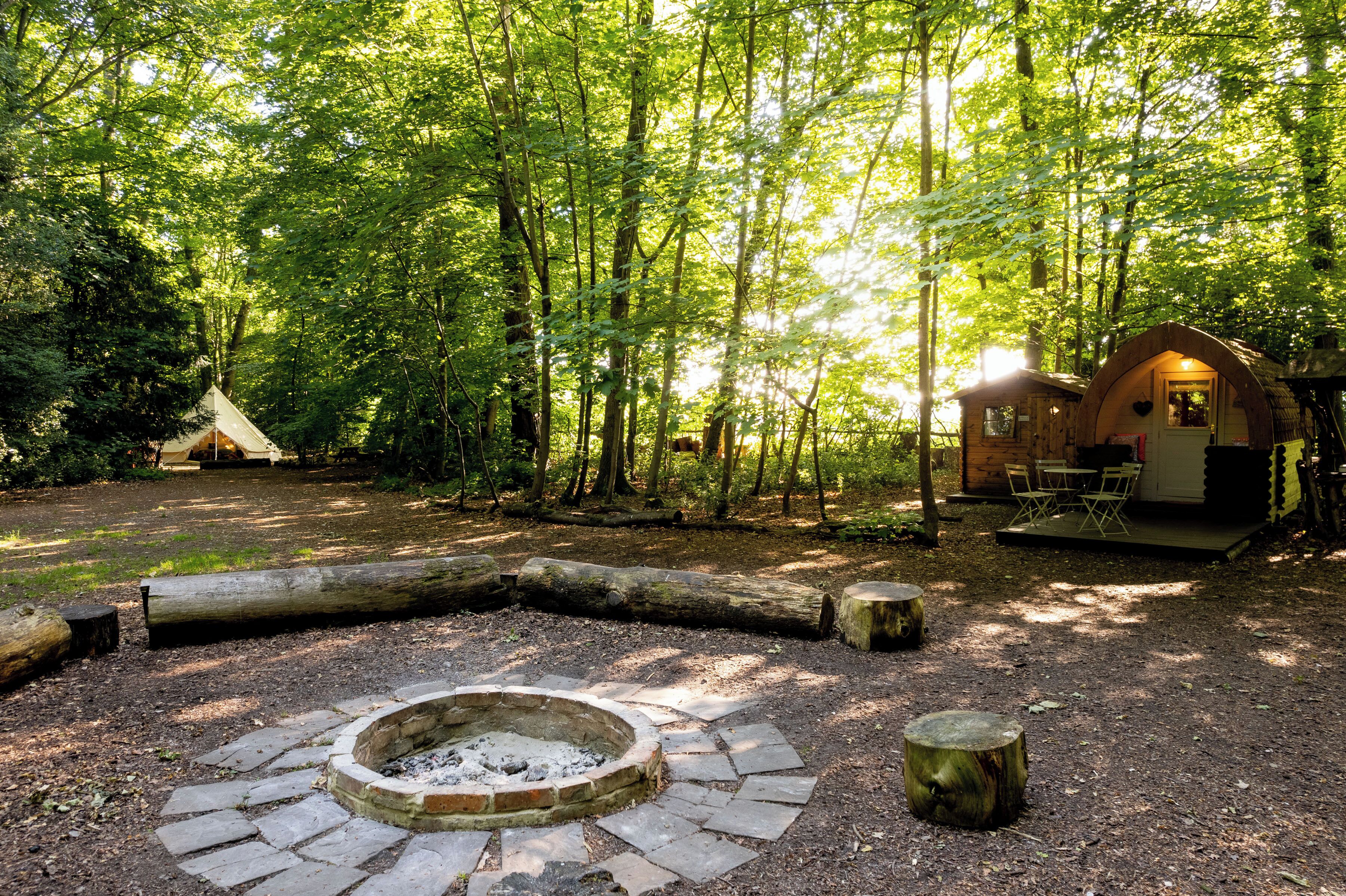 A forested campsite with a circular stone fire pit, wooden cabins, and a dining area.