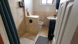 A small bathroom with a toilet, sink, and shower area. - Dillon Tap House Beaverhead Room (Dillon)