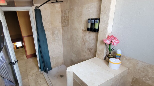 A bathroom with a shower, a towel rack, a sink with toiletries, and a potted plant. - Dillon Tap House Beaverhead Room (Dillon)